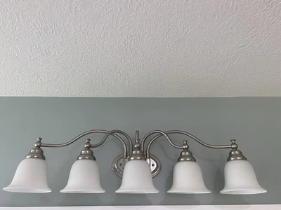 Brushed Nickel 5 Light Vanity Light Fixture With Frosted Glass Globes great cond - Image 1 of 3