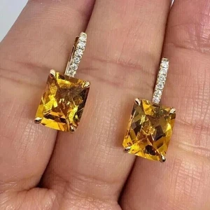 4Ct Emerald Cut Lab-Created Citrine Drop Earrings In 14k Yellow Gold Plated - Picture 1 of 6
