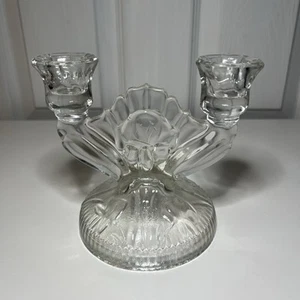 Vintage Jeannette Iris and Herringbone Clear Double Candle Holders - Picture 1 of 7