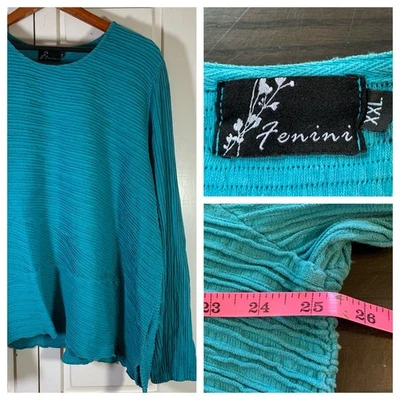 Fenini XXL Teal Textured Cotton Top Pullover Lagenlook Artsy Comfort Casual Boho - Image 1 of 4