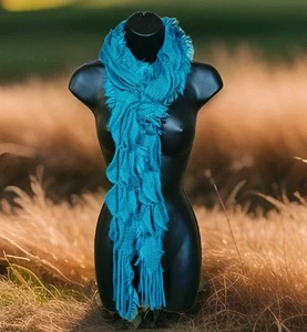 Mix & Co. Ruffled Scarf Fringe Teal/Turquoise Soft Extra Long Boa 80"×7.75" EUC  - Picture 1 of 9