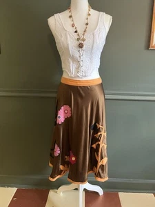 Vtg Y2K Anthropologie Silk Appliqué Midi Skirt L Boho Rare Cottagecore Festival - Picture 1 of 17