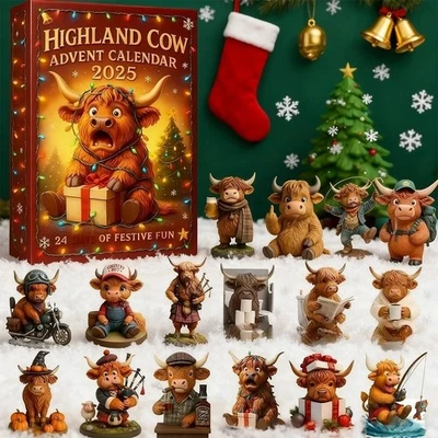 Highland Cow Advent Calendar 2025 2D Handmade Highland Cow Figurine Set Kid Gift - Image 1 of 4