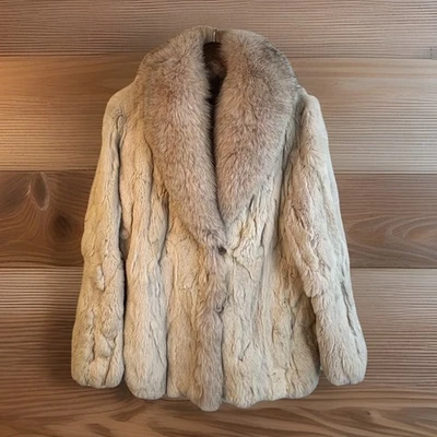 Chaqueta de piel de conejo vintage M abrigo cuello de piel de zorro rosa rubor ¡suave! Glamour Luxury Foto 1 de 4