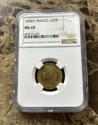 Moneda de oro Napoleón 1808A Francia G20F MS60 Foto 1 de 4