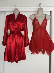 Red Babydoll Nightgown & Robe Peignoir Set-Medium-Lace-Roses - Picture 1 of 6