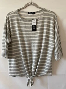 ECLA Womens Pullover T-Shirt Size S Gray White Striped Round Neck Front Knot - Picture 1 of 7