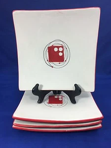 DANSK handbemalter ORBIT 4er Set quadratische Salatteller schwarze Linien & rote Punkte  - Bild 1 von 12