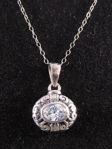 STERLING SILVER 18" Chain Necklace CLEAR CZ PENDANT Scroll Frame Oval BALI STYLE - Picture 1 of 5