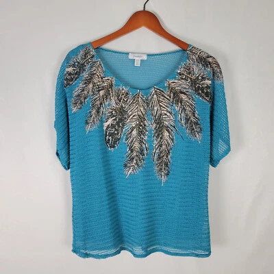Camisa forrada de manga corta Dressbarn para mujer XL Petite Top tejido abierto estampado de plumas Foto 1 de 4