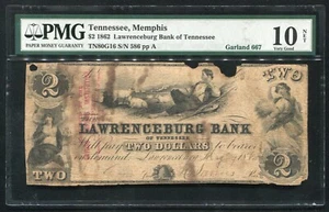 1862 $2 LAWRENCEBURG BANK OF TENNESSEE MEMPHIS, TN OBSOLETE NOTE PMG VG-10 - Picture 1 of 2