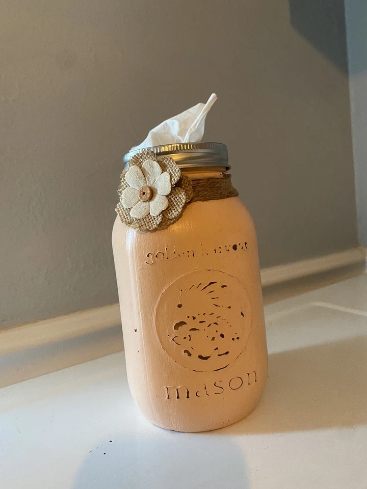 Home Decor Rustic Peach￼ Mason Jar Tan Tissue Holder "Bless You" - Image 1 of 1