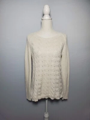 Suéter para mujer Liz Claiborne marfil brillante tejido con cable manga larga talla mediana. Foto 1 de 4