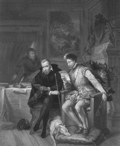 Karl IX. König von Frankreich Lesebrief - 1854 antiker Druck nach Hamman - Bild 1 von 2