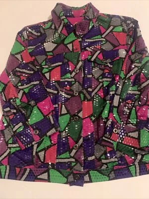 Ruby Red Womens Jacket Shiny Color Blocked Green, Black Red 3/4 Sleeve Size 16w￼ - Image 1 of 4