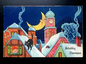 jolie ancienne Carte postale fantaisie enfants lune chat - Picture 1 of 2
