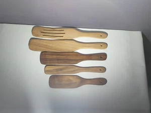 Kitchen Cooking Utensil 5pc Spurtle Set Teak Wood Non Stick Wooden Spatula Slot - Picture 1 of 7