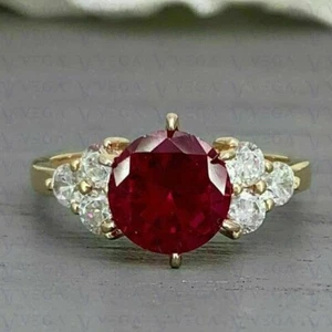 3.60CT Round Cut Red Ruby & Diamond Engagement Ring 18K Yellow Gold Plated - Picture 1 of 12