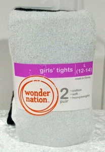 NWT Wonder Nation Girls’ Tights L(12-14) 2pr Cotton Soft Silver/Black - Picture 1 of 4