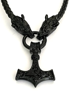 Men's Nordic Viking Black Hammer Pendant Wolf Head Leather Rope Chain neckless — 第 1/4 张图片