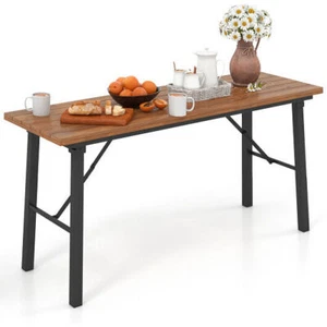 Folding Picnic Table Acacia Wood Dining Table with Metal Frame for Indoor Outdoo - Picture 1 of 5