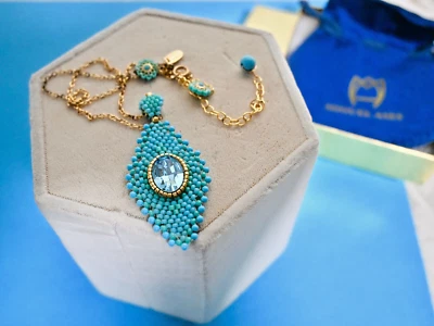 NWT $330 MIGUEL ASES Turquoise AQUA Miyuki Beaded Marquise Drop Pendant Necklace - Image 1 of 4