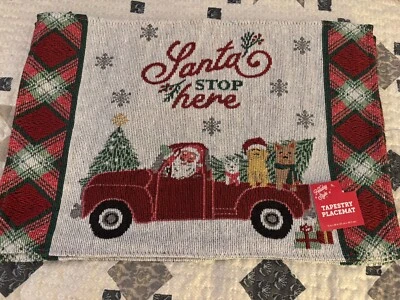 Set Of 4 Christmas Tapestry Placements Tartan Plaid Santa Stop Here Truck New — 第 1/4 张图片