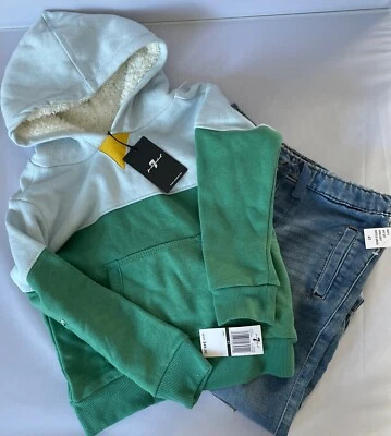 全新带标签 7 For All Mankind 男孩夏尔巴内衬连帽连帽衫和牛仔裤 2 件套 尺寸 4T — 第 1/4 张图片