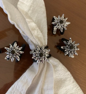 (Juego de 4) ANILLOS SERVILLETEROS METAL-"Flor Alpina" *edelweiss-stella alpina*pesados-NUEVOS Foto 1 de 4