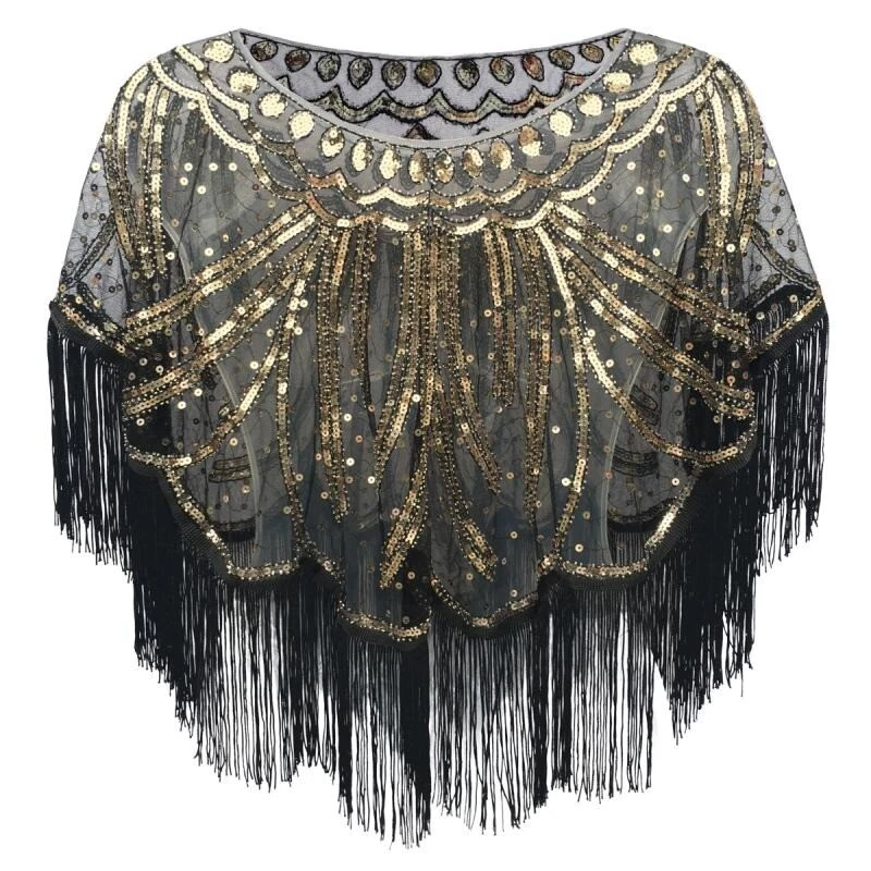 Women Party Dress Shawl Fringe Beaded Sequin Cape Retro Style Wrap Blouse Prom - Image 1 of 4