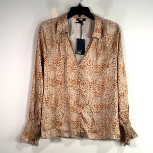 Paige Sayven Satin Long Sleeve V-Neck Blouse, Women's Size S - Ecru/Melon - Picture 1 of 11