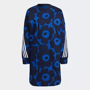 adidas X Marimekko Fleece Dress Designer Kleid Winterkleid Mohn Blumen Bold Blue - Picture 1 of 7