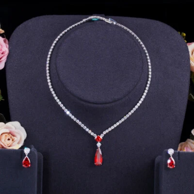 Silver Plated Purple Water Drop Earrings and Necklace Zircon Wedding Jewelry Set - Image 1 of 4