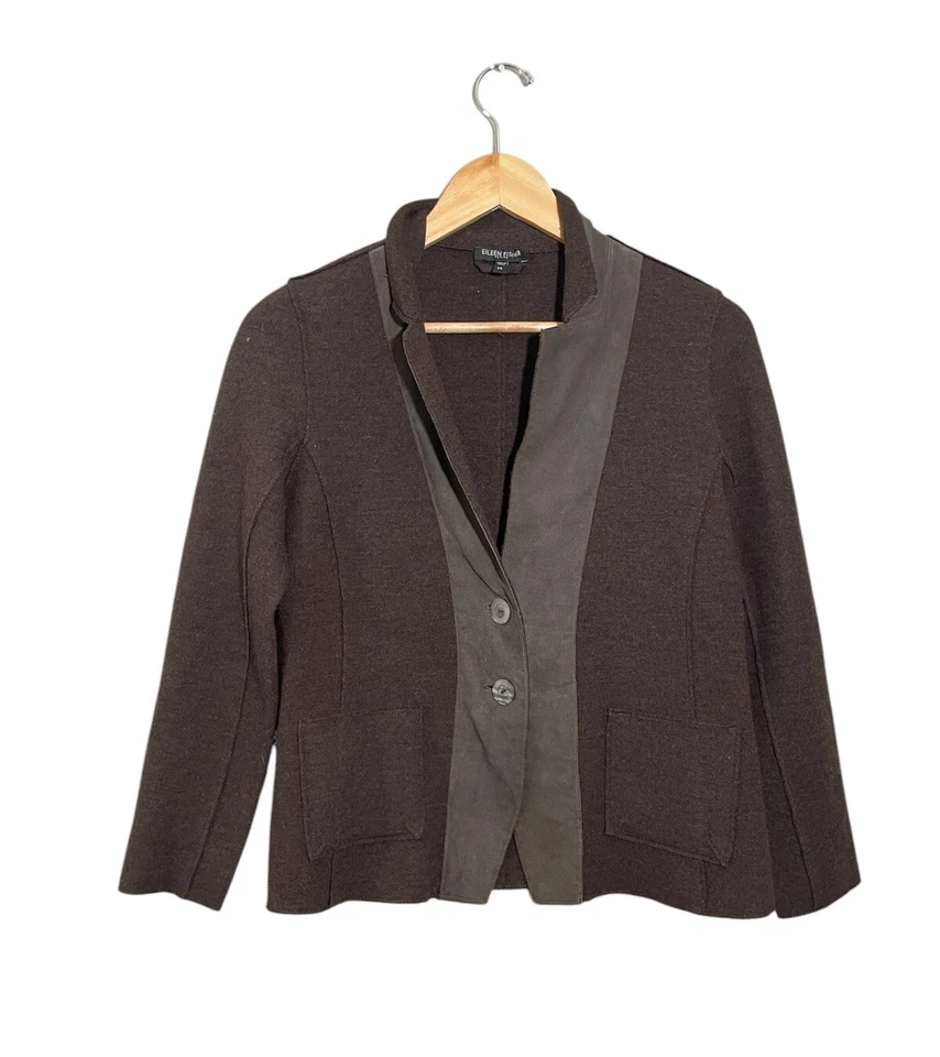 Chaqueta Cárdigan Eileen Fisher Lana Merino Cordero Cuero Borde Pequeña Marrón Foto 1 de 4