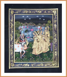Pintura original en miniatura de Radha Krishna sobre tela de seda ¡colores naturales de la India! - Imagen 1 de 6