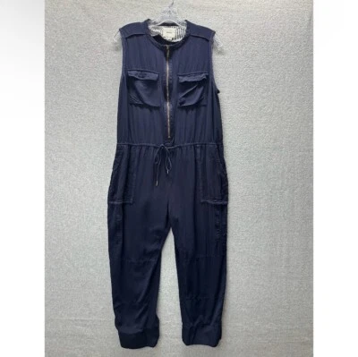 Anthropologie Elevenses Jumpsuit Sz Large Navy Half Zip Tie Waist Pocket Front - Image 1 of 4