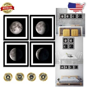 Elegant 4-Piece Framed Moon Phases Canvas Wall Art - 12x12 Black & White Decor - Picture 1 of 8