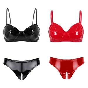 Set lingerie elastica donna vinile reggiseno sexy bralette top e collant cavallo aperto - Foto 1 di 21