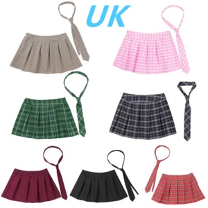 UK Women Plaid Pleated Skirt Schoolgirls Uniform Mini Skirt with Necktie Outfits - Picture 1 of 65