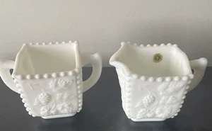 Westmoreland White Milk Glass Sugar & Creamer Set Grapes Hobnail w/ Sticker - Picture 1 of 7