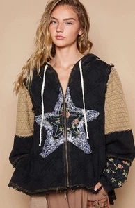 Chaqueta POL Estrella Jacquard Parche Sudadera con Capucha Ajuste Amplio Talla Grande Cremallera Completa - Imagen 1 de 6
