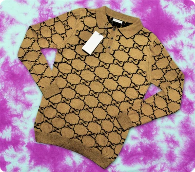 Camiseta Ajustada Gucci Tejida Manga Larga Para Hombre Marrón Logo Talla M Pecho 19.75" Foto 1 de 4