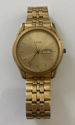 Vtg Pulsar Watch Men 37mm Gold Tone Day Date -New Battery - Image 1 of 4