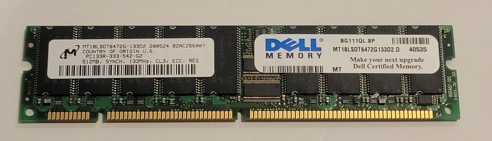 Dell MICRON 512MB MT18LSDT6472G-133D2 PC133R-333-542-G2 133MHZ CL3 MEMORY Sealed - Image 1 of 4
