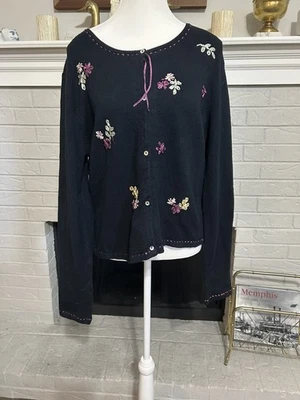 Cárdigan April Cornell Vintage Negro Floral Bordado Talla Grande Cottage Foto 1 de 4