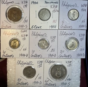 1944 - 1945 Philippines 1 to 50 Centavos XF - AU 8 Coin Lot W/ 5 Silver - Picture 1 of 18