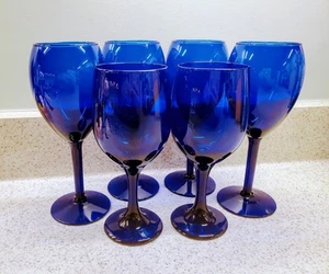 6 Vintage Cobalt Blue Stem Wine Glasses Goblets 4 ea 8", 2 ea 7" Glassware Libby - Bild 1 von 12