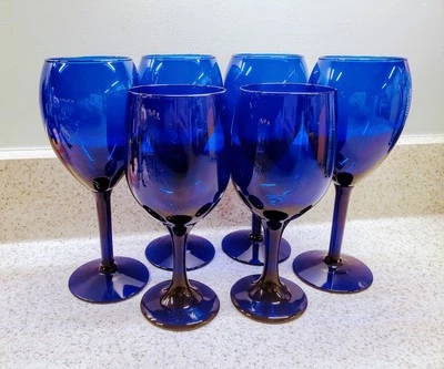 6 Vintage Cobalt Blue Stem Wine Glasses Goblets 4 ea 8", 2 ea 7" Glassware Libby - Image 1 of 4
