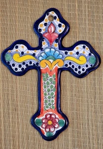 TalaMex Tecali Handmade 7 Inches Multicolor Mexican Talavera Ceramic Cross - Picture 1 of 7