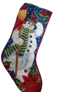 Vintage Wolle Nadelspitze Weihnachten Strumpf Schneemann rot Samt Rückseite 17" - Bild 1 von 5